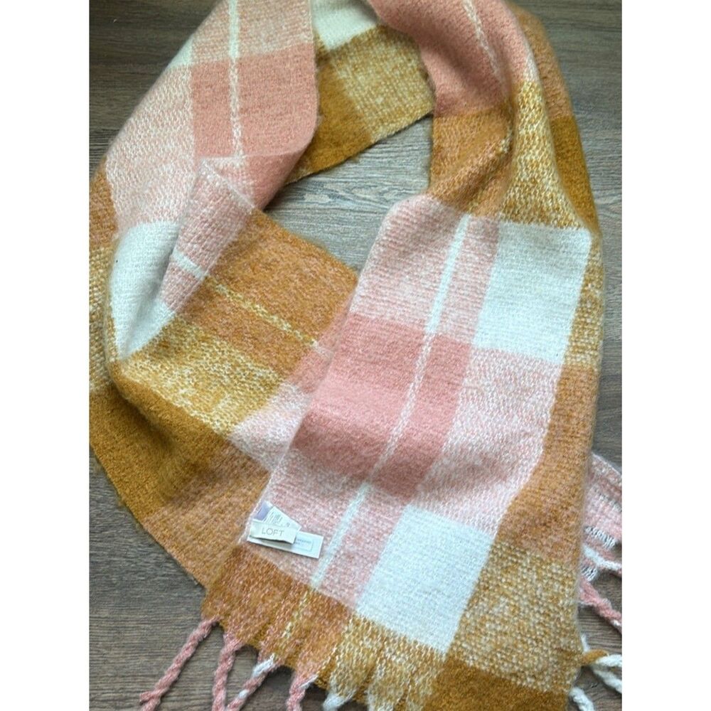 LOFT Plaid Fringe Scarf in Pink, White & Mustard